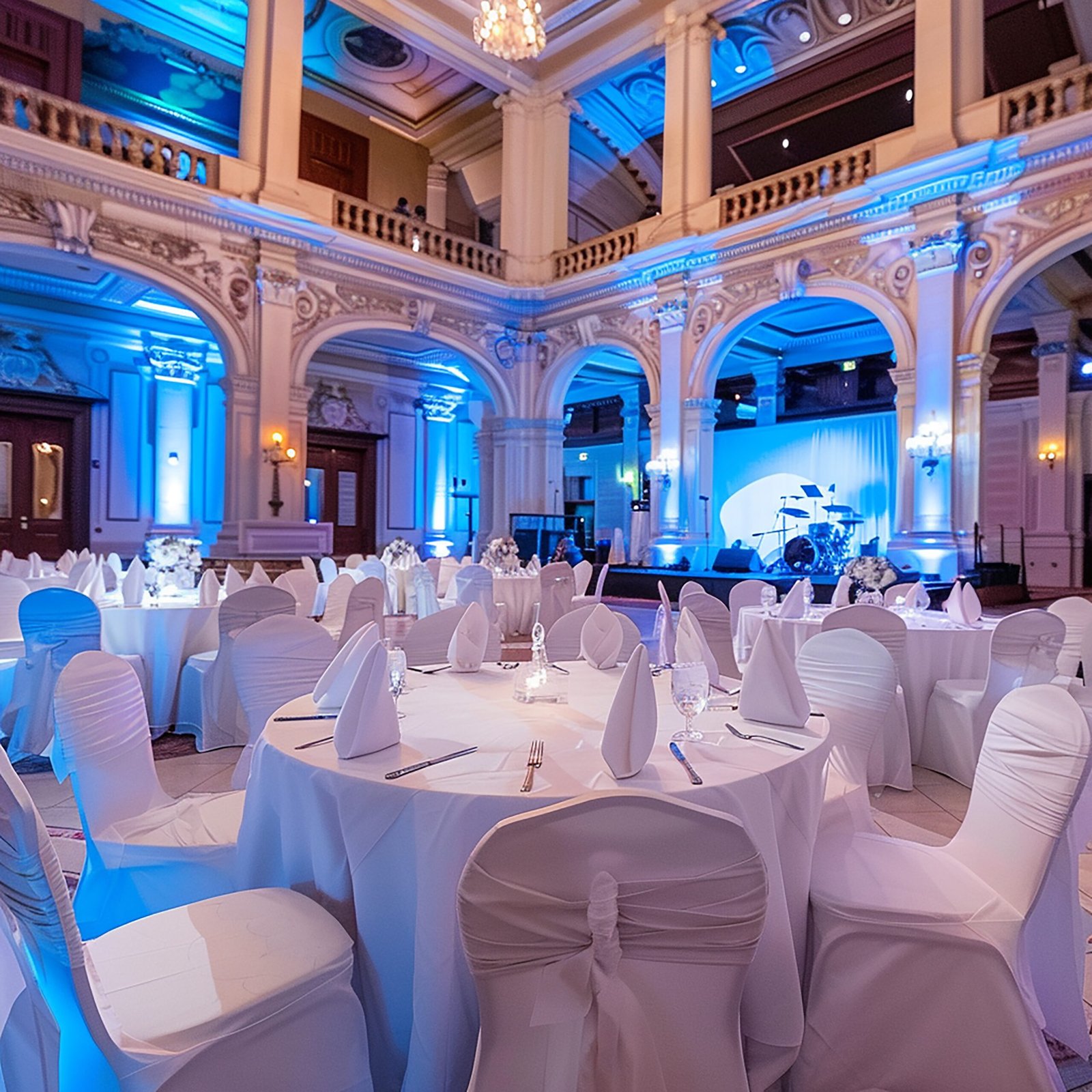 elegant ballroom wedding with white round tables chairs chairs are covered with sleek scaled